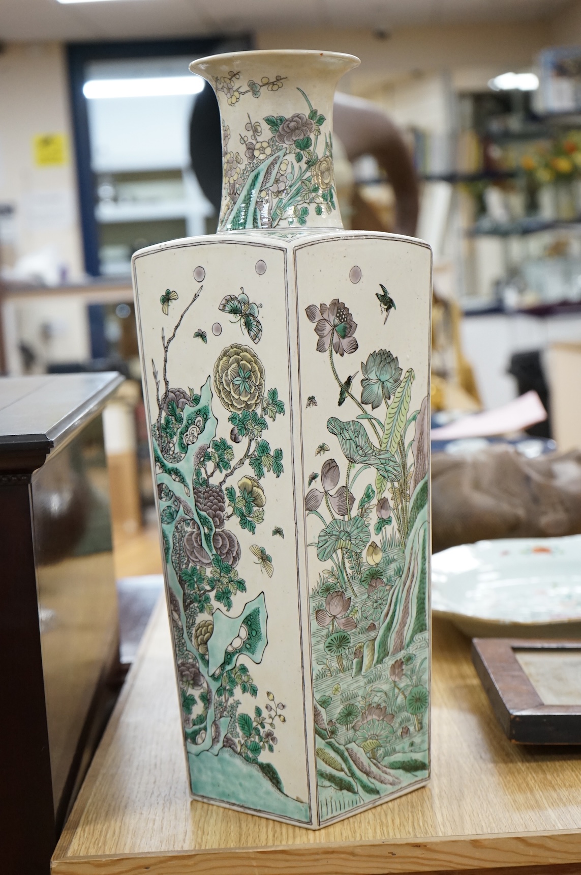 A large Chinese famille verte enamelled biscuit square vase, late 19th century, 50cm